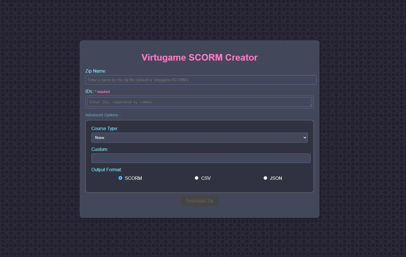 Admin interface for generating SCORM packages using an Absorb question bank ID